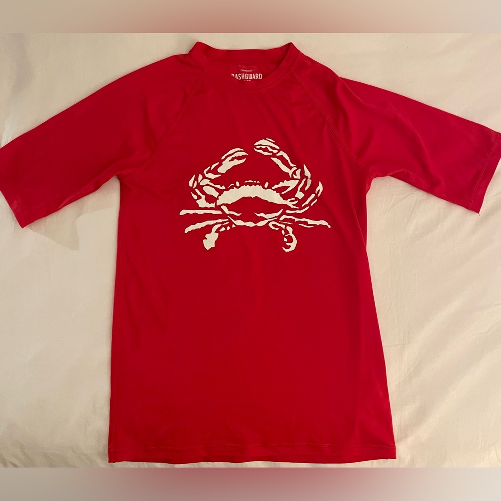 J.Crew/Crewcuts Short Sleeve Rashguard. Size XL. Red with Large Crab Logo.